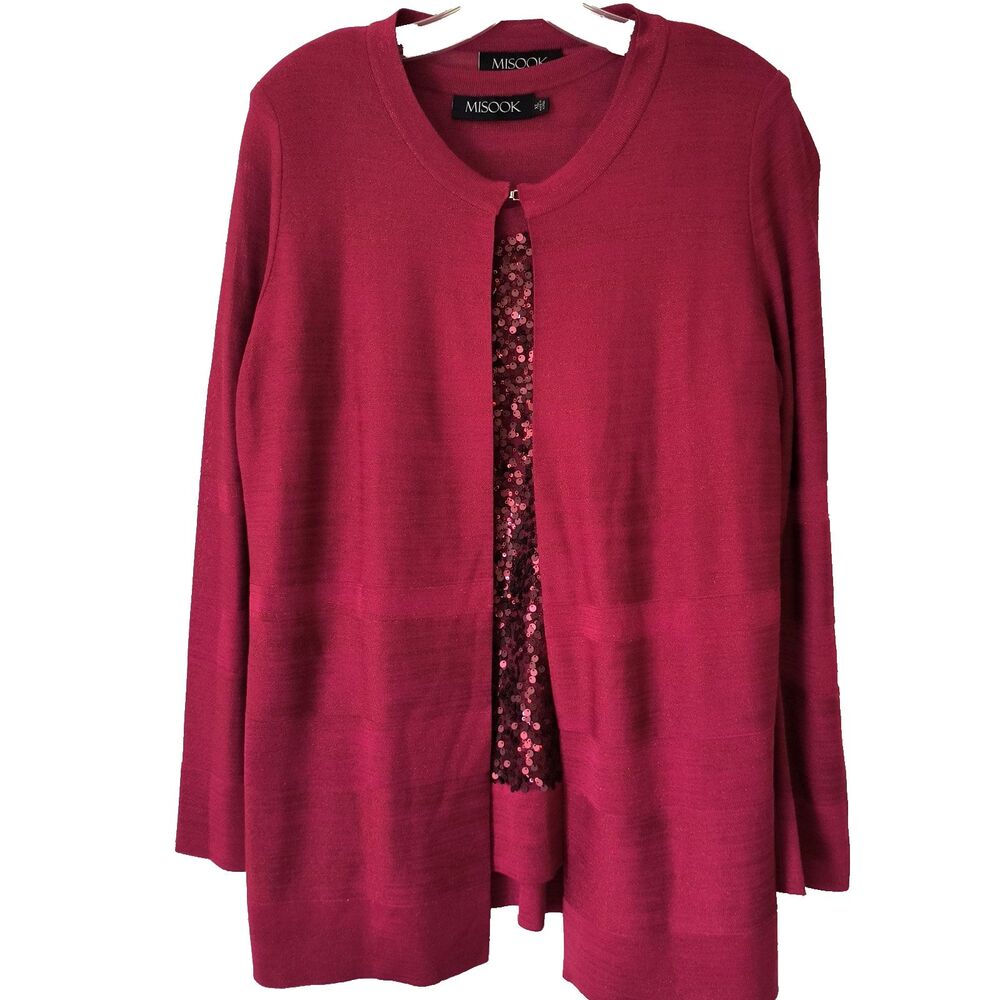 Misook Sweater Set Large Red Cardigan Metallic Sequins Holiday Party Cocktails